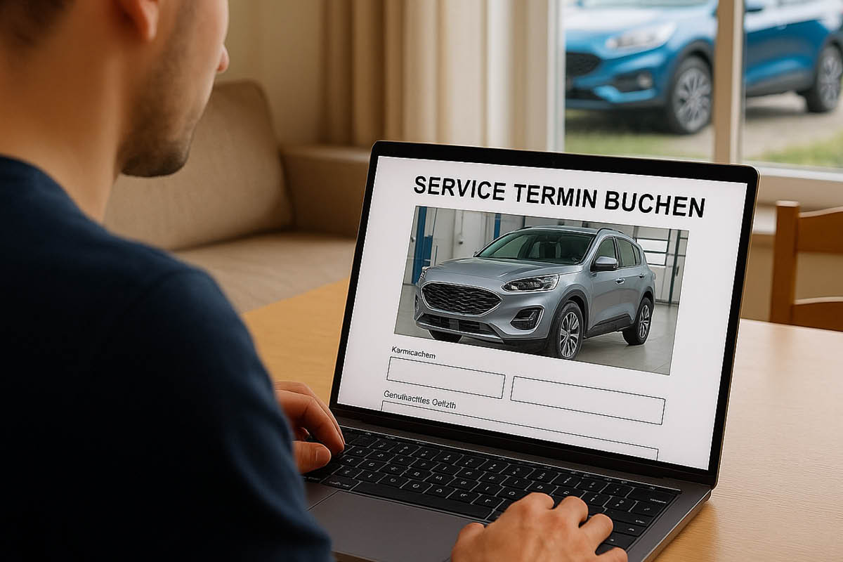 Mann sitzt am Laptop und vereinbart Servicetermin