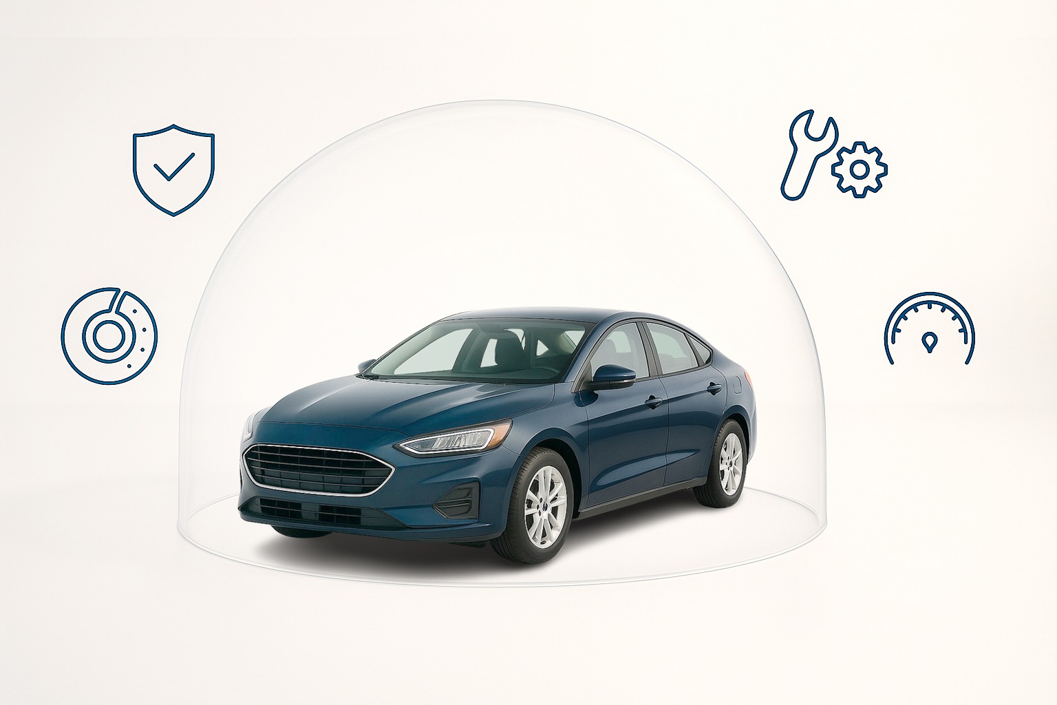 Ein Darstellung eines dunkelblauen Autos steht geschützt innerhalb einer durchsichtigen Kuppel